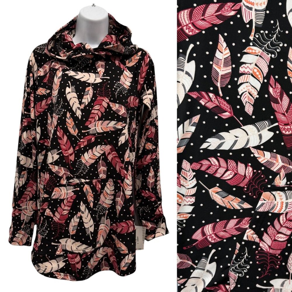 LuLaRoe Hooded Tunic Top Black Feather‎ Print Womens S Boho Cozy Athleisure NEW